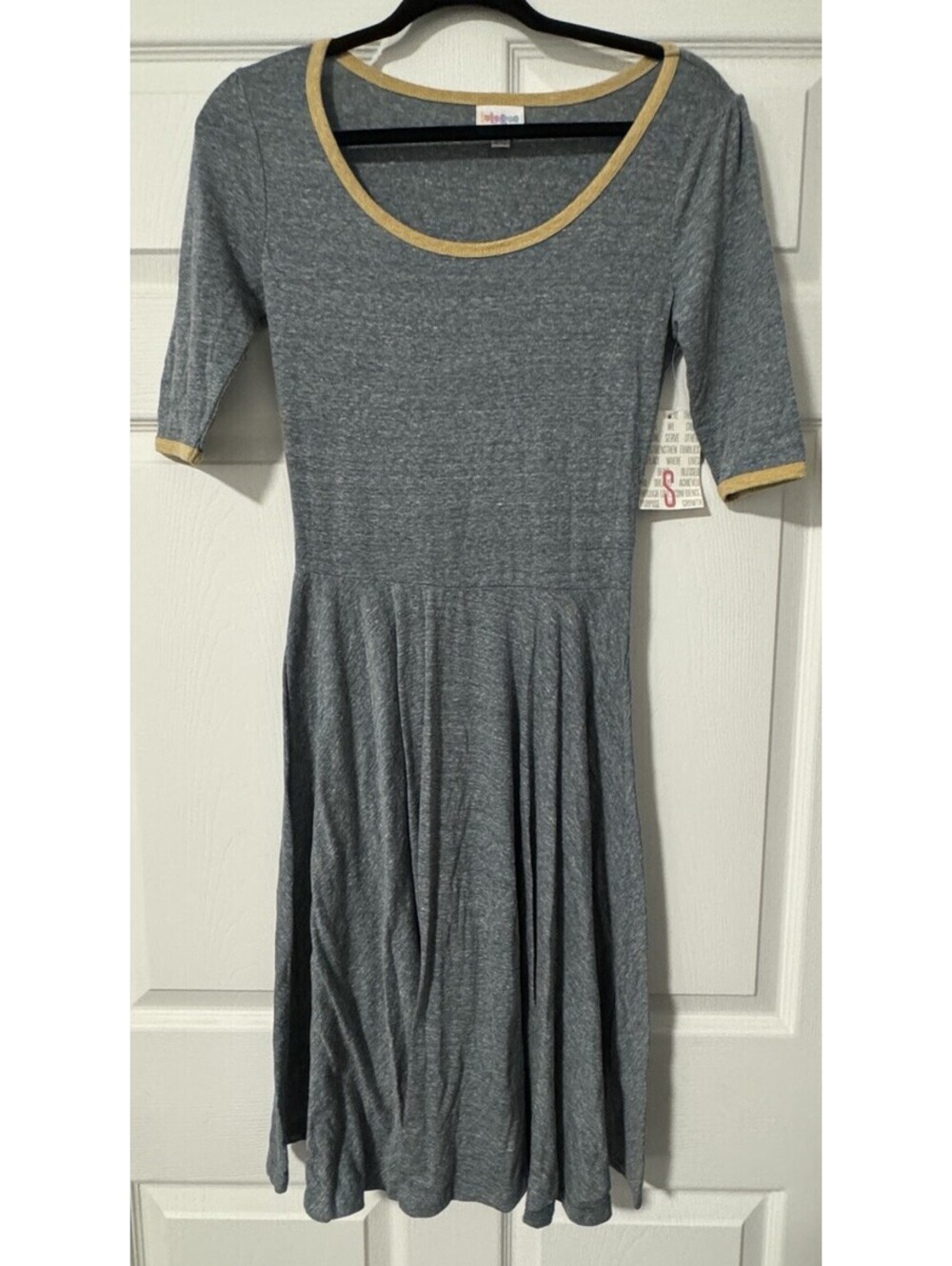 Lularoe Nicole Dress Woman’s Size Small Blue With Yellow Trim Half Sleeve Dress